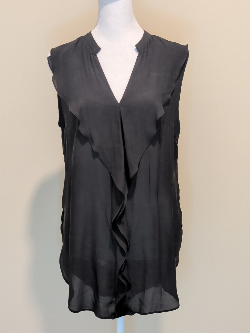 Basement Black Sleeveless Ruffle-Front Blouse with Hi- Low Design